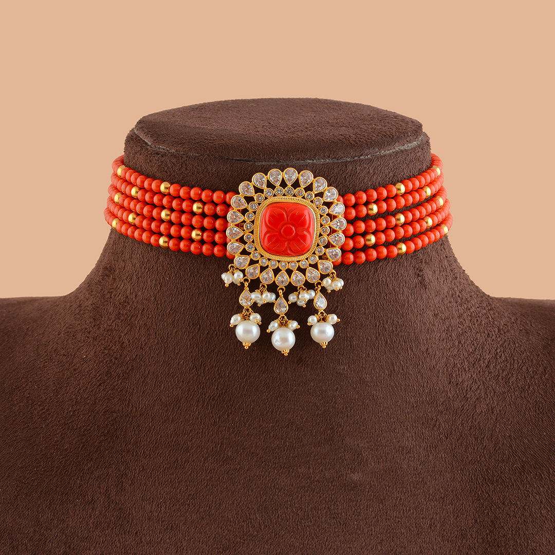 Red Coral Gold Choker Necklace With Pearls - Krishna Jewellers Pearls and Gems
